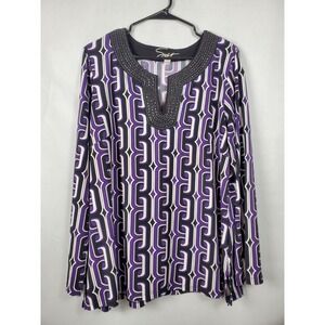Soft by Avenue Womens Tunic Plus 14/16 Purple Black White Geometric Long Sleeve